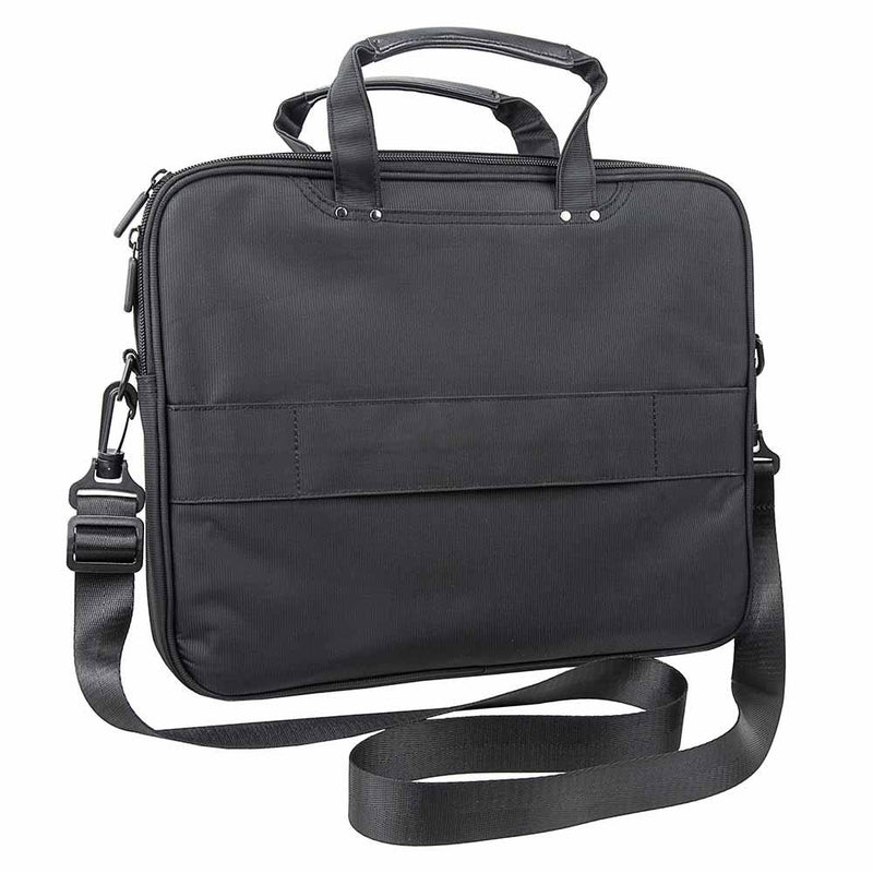 View of the backside of the Vism brand CCW color black laptop briefcase with ballistic panel.