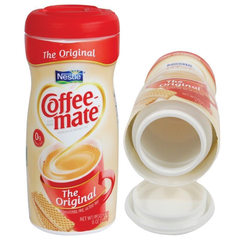 Coffee Mate can with hidden compartment to safely hide valuables inside.