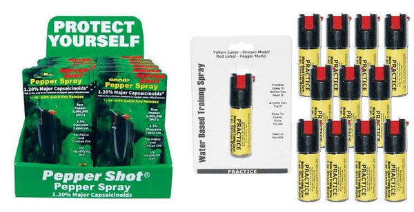Bulk wholesale pepper spray and practice inert sprays with sales counter display.