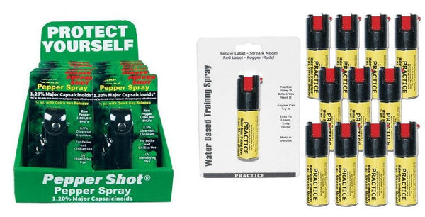 Bundle package of pepper spray with practice inert sprays and sales counter display.