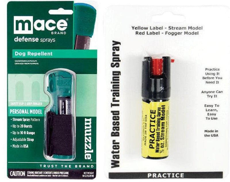 Mace Muzzle dog repellent with Inert practice pepper spray bundle sold on line exclusively self defense products inc.