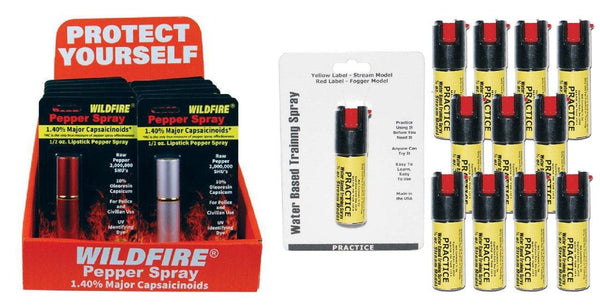 Wildfire lipstick pepper spray with practice inert sprays sold on line as a bundle package.
