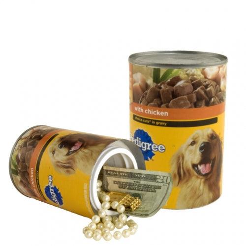 Dog food can with hidden compartment to safely hide valuables inside.