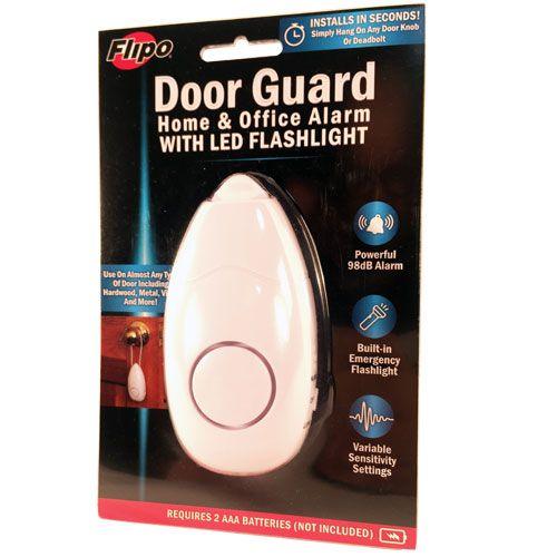Door Guard Versatile Shock Sensor Alarm sounds loud alarm when any motion of movement of the door and knob. Shown with packaging.