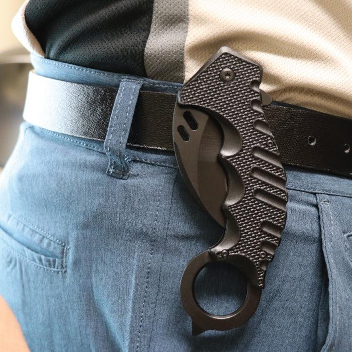 Knife easily fits on your pants or belt for easy access and available for discount prices.