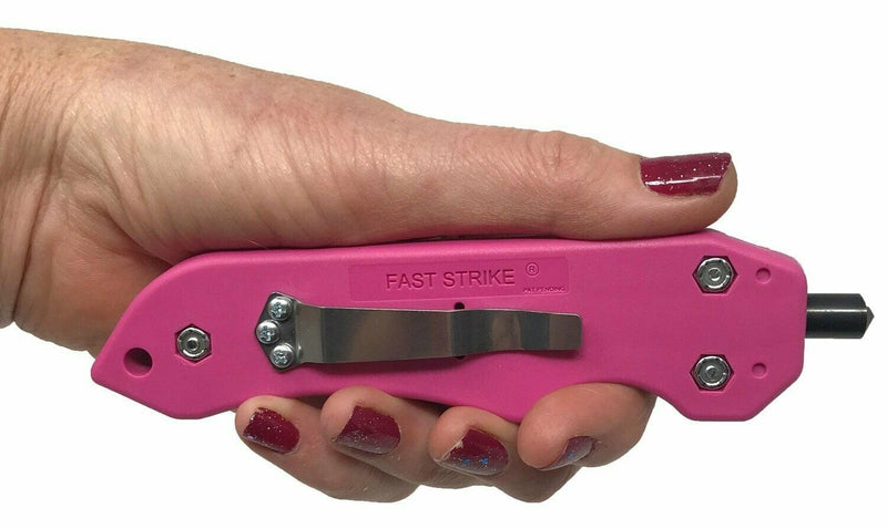 Pink color personal safety tool the Fast Strike window breaker for women and car safety.