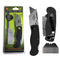 6 inch folding utility knife has a pocket clip and comes with extra blades.