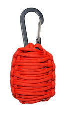 The Guardian Grenade is made of 9 Feet of 550lb-rated paracord, is great for everyday use, and includes the Carabiner clip, Firestarter and much more. Clown up view shown.