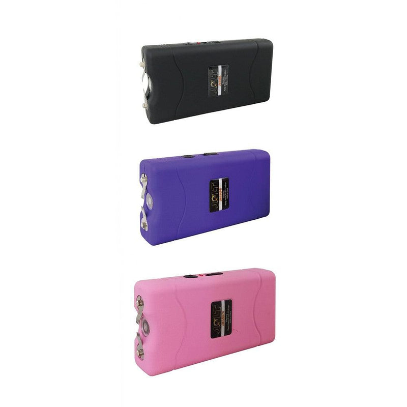 Jolt mini stun guns available in 3 different colors. Black, purple, and pink. Excellent for your protection.