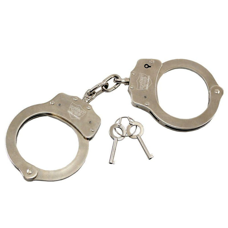 Law enforcement quality handcuffs shown with keys.