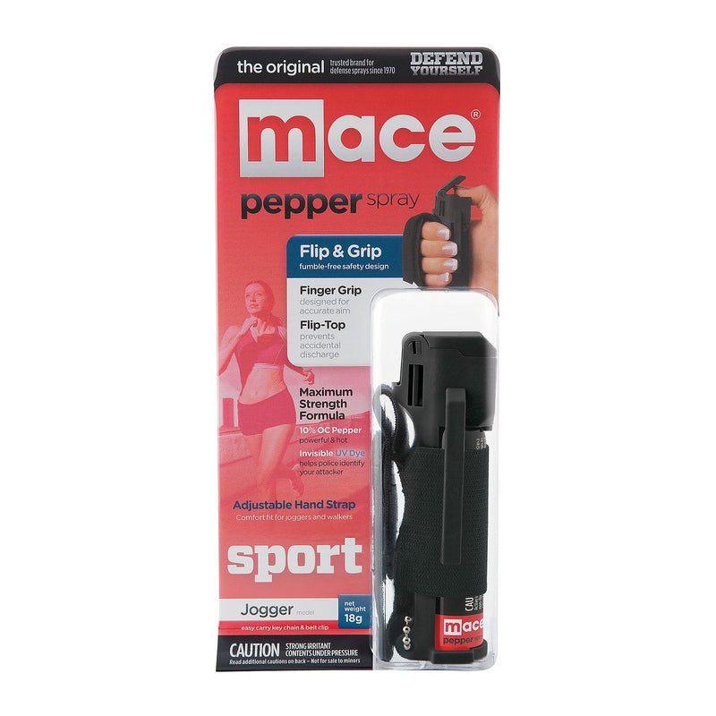 Mace brand jogger pepper spray with adjustable hand strap for comfort.