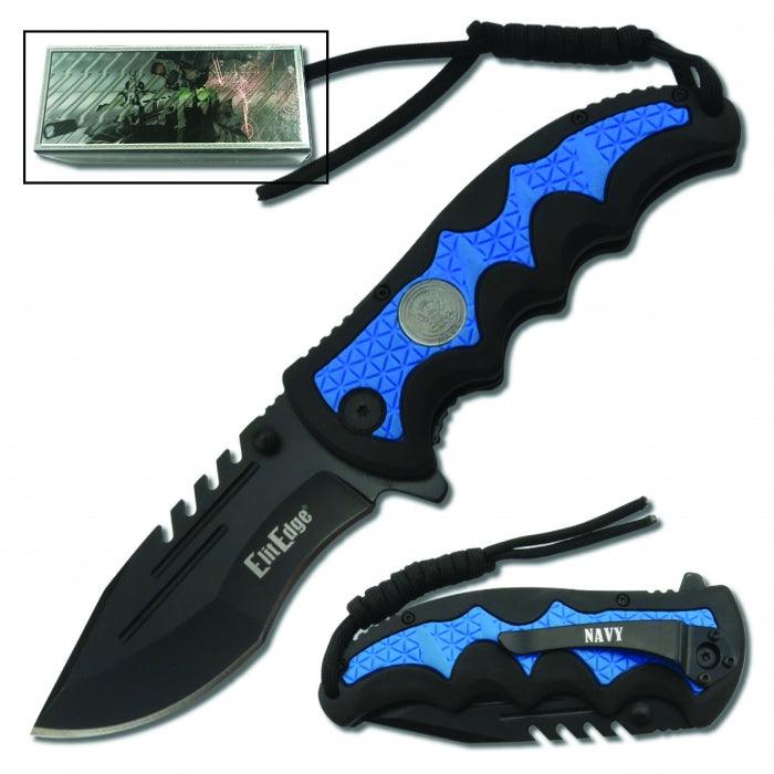 Navy blue folding knife with belt clip and paracord idea for survival and outdoor trips.