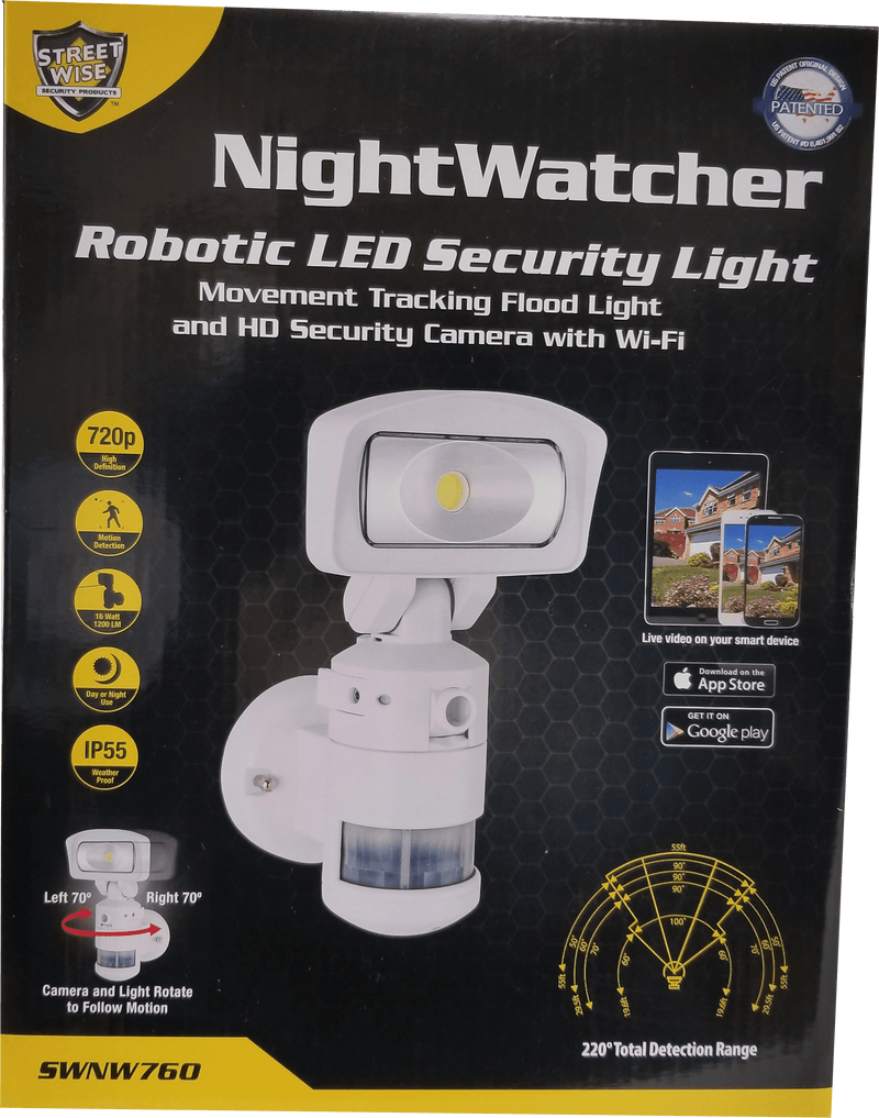 Nightwatcher robotic WIFI light with HD camera and LED Light. Shown with packaging.