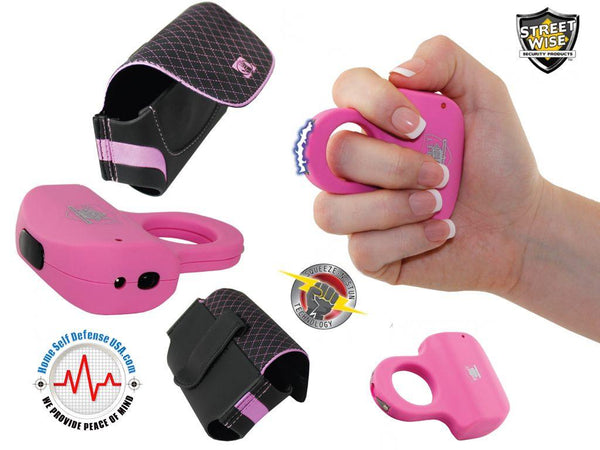 Sold on-line pink sting ring stun gun with pink and black body-glove holster for women self defense protection.