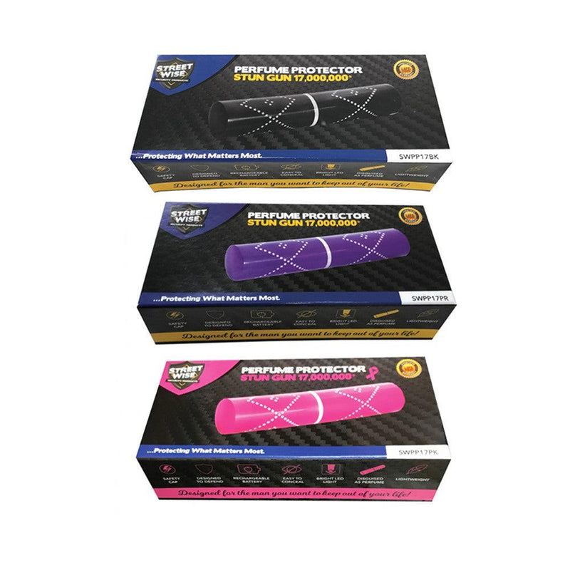 Perfume protector stun guns shown with packaging. Available in black, purple and pink colors and for discounted and bulk wholesale prices. 