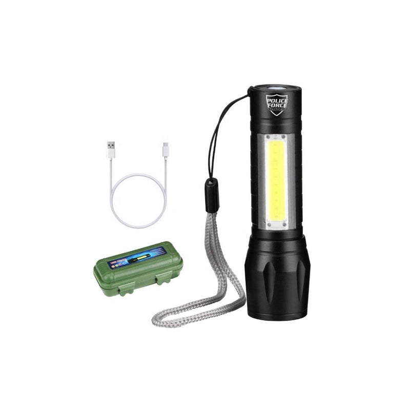 Mini tactical flashlight with 3 light modes that include lantern option. Flashlight, case and charging cable displayed.