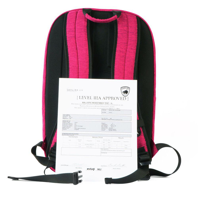 Pink bulletproof backpack for students and adults personal self defense protection as needed. Certification shown.