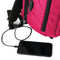 Pink bulletproof backpack for students and adults personal self defense protection as needed. Charging port shown.