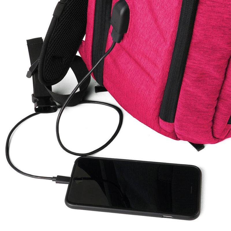 Pink bulletproof backpack for students and adults personal self defense protection as needed. Charging port shown.