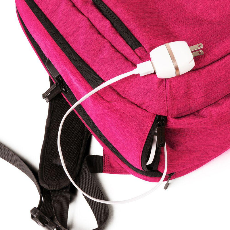 Pink bulletproof backpack for students and adults personal self defense protection as needed. USB cable shown.