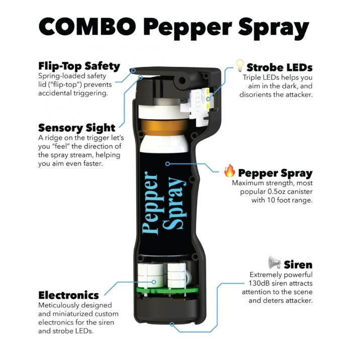 Pepper spray, siren, and strobe LEDs - all in one!