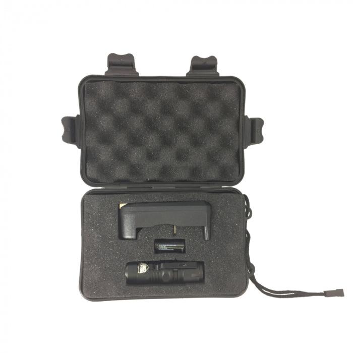 Carry case for this tactical LED flashlight is a little over three inches long