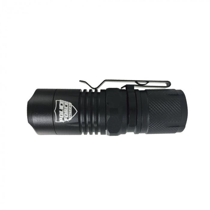 This tactical LED flashlight includes a belt or pocket clip for easy carry.