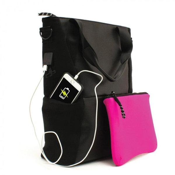 Clearnace bulk wholesale pricing for the black tote bag with charger.