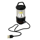 Rechargeable LED Camping Lamp with Power Bank Provides 360 degrees of bright light. Shown with usb cord.