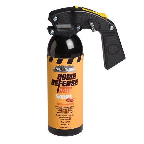 Sabre home defense spray with wall mount bracket.