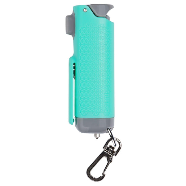 Sabre gel spray and automotive safety tool with mint green color hard case.