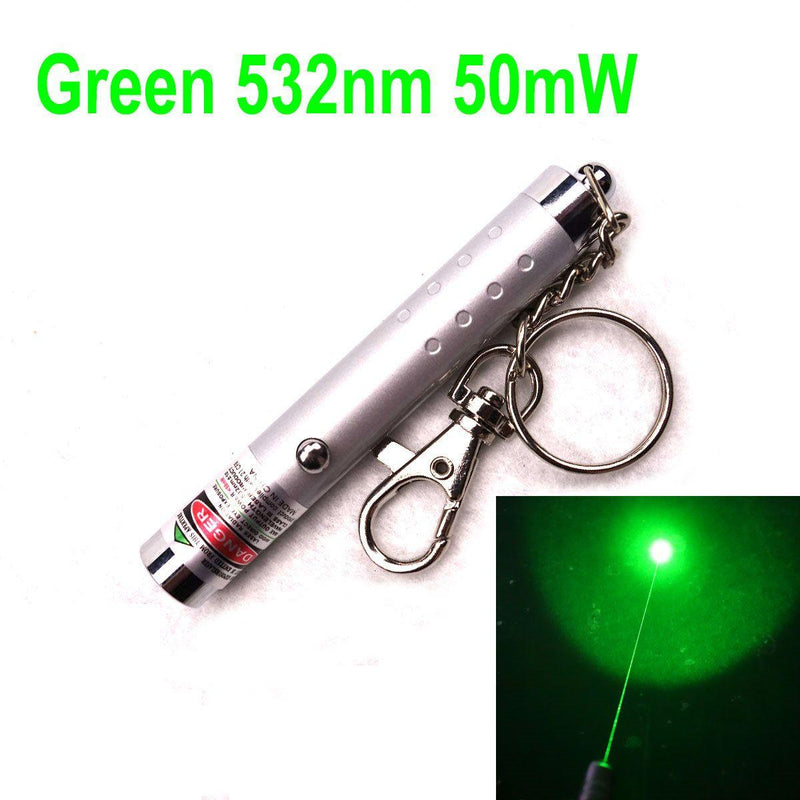 Small Laser Pointer Silver-Shell Key-Chain powered by one AAA battery laser beam range is about half a mile.
