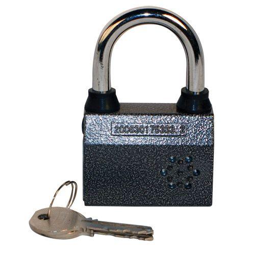 Small alarmed padlock with motion sensor that will arm and sound after 15 seconds when lock is not unlocked.