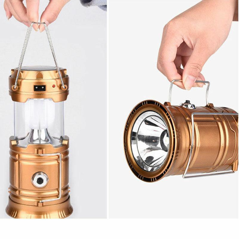 Solar power campging and survival light with rechargeable USB ports.