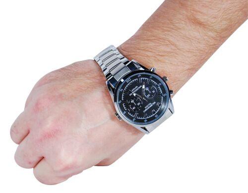 Spy wrist watch shown as worn and how it appears discretely as a normal watch.