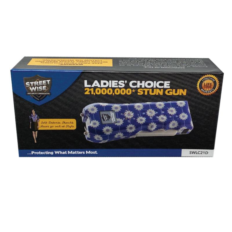 Manufacturer packaging for the Streetwise Ladies Choice stun gun with purple color daisy design so these can be shipped safely throughout the USA.