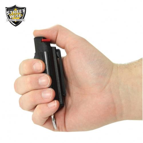 Hot and powerful Streetwise 23% key-chain pepper spray with safety lock lever.