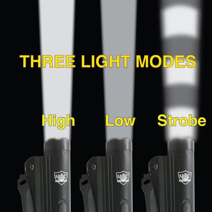 The stun gun with knife combo includes three different flashlight modes.