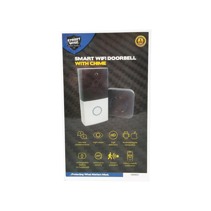 Streetwise Smart Wifi Doorbell with chime. Shown with packaging.