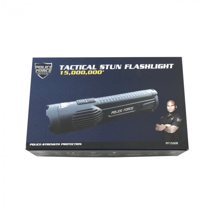 High power and bright tactical stun gun flashlight package.