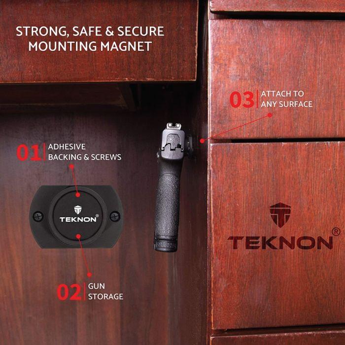 Teknon gun magnet used to conceal a handgun using the magnet under wood desktop.