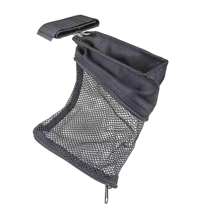 The Vism black mesh brass catcher for shooting practice shown as empty with no rounds collected inside.
