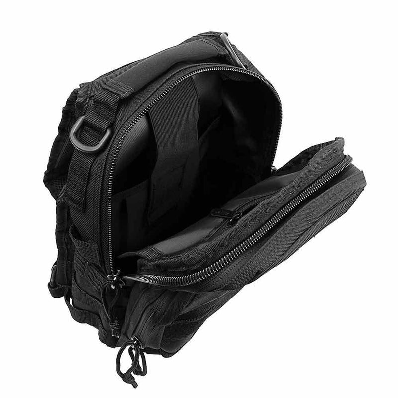 The Vism color black sling utility bag shown open with large main compartment.