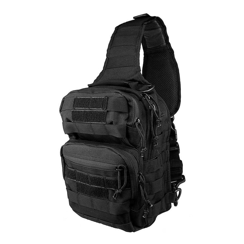 The Vism color black sling utility bag with PALs and MOLLE webbing profile side view.