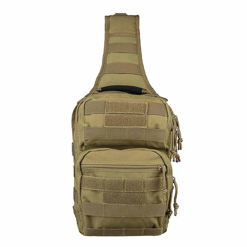 The Vism color tan shoulder sling utility bag for law enforcement and civilian use shown in image the view of the front.