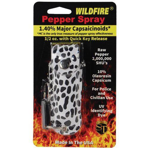 Fashion design wildfire pepper spray with black and white key-chain holster.