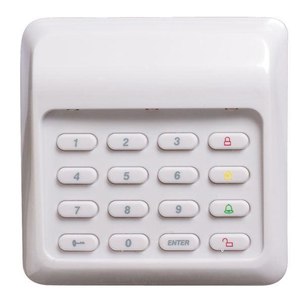 Wireless security keypad for home and business protection includes loud panic alarm.