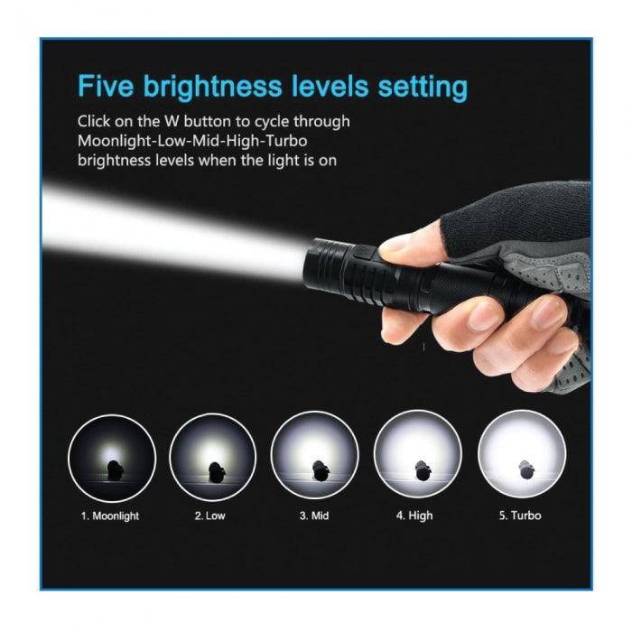 Wuben bright 1200 lumen LED flashlight with survival bracelet offers several different light mode options.