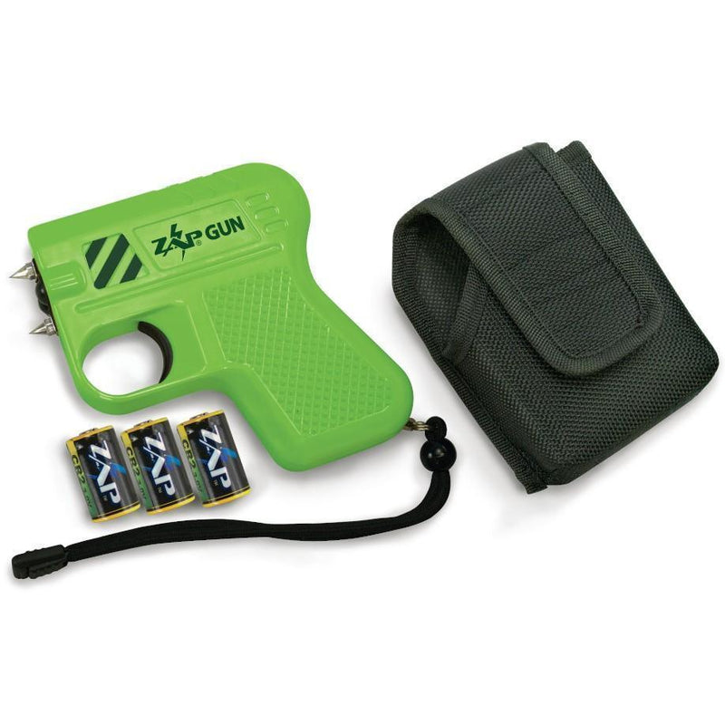 Contents for the new unique Zap brand the ZAPGUN now in color green powerful and effective self defense protection.